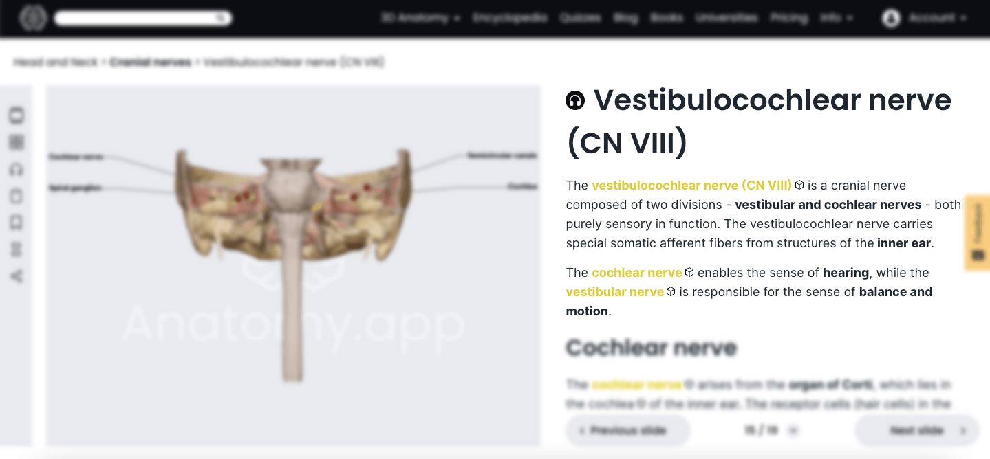 Anatomy.app, 3D article, description of the vestibulocochlear nerve (cranial nerve VIII)