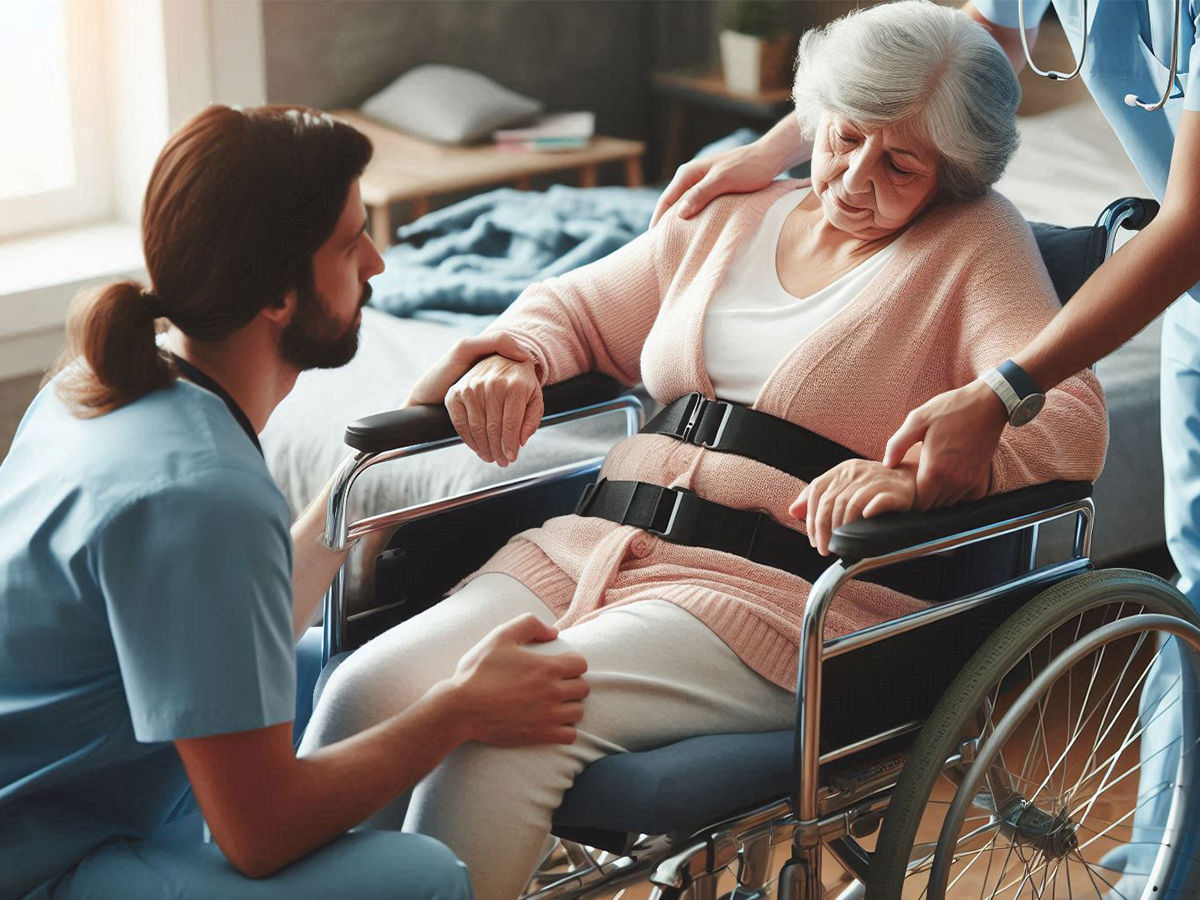 Patient in a wheelchair surrounded by caregivers